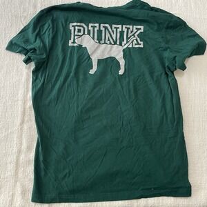 Victoria's Secret PINK Large Bling Campus Tee Shirt Green Silver Glitter Dog